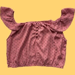 Love Tree polka dot ruffle-sleeve crop top pink elastic hem button front S Y2K